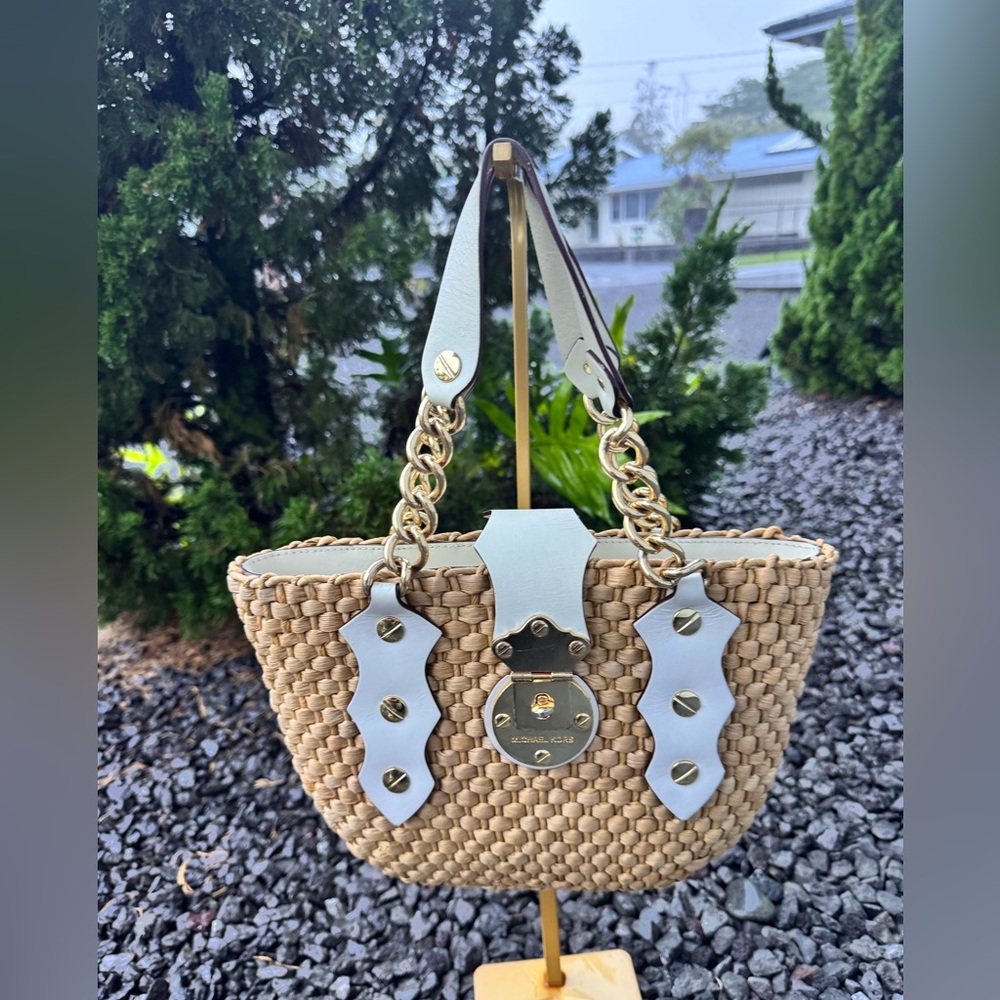 Michael Michael Kors Woven Straw Tote White Leather Gold Chain Handles